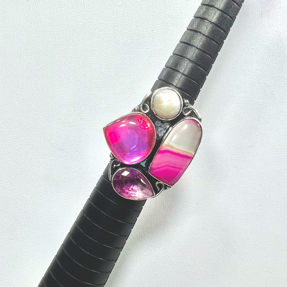 925 Pink Botswana Agate Pearl Gemstone Ring size 7